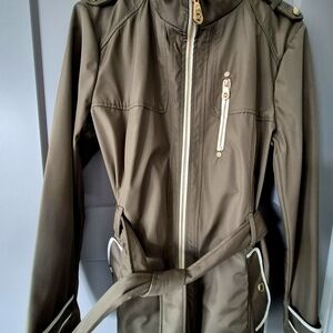 Michaels Olive Trench Coat with Gold Zippers and White Trim